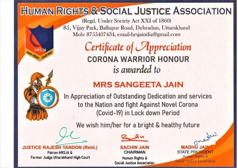 Read more about the article Certificate of Appreciation to Mrs. Sangeeta Jain